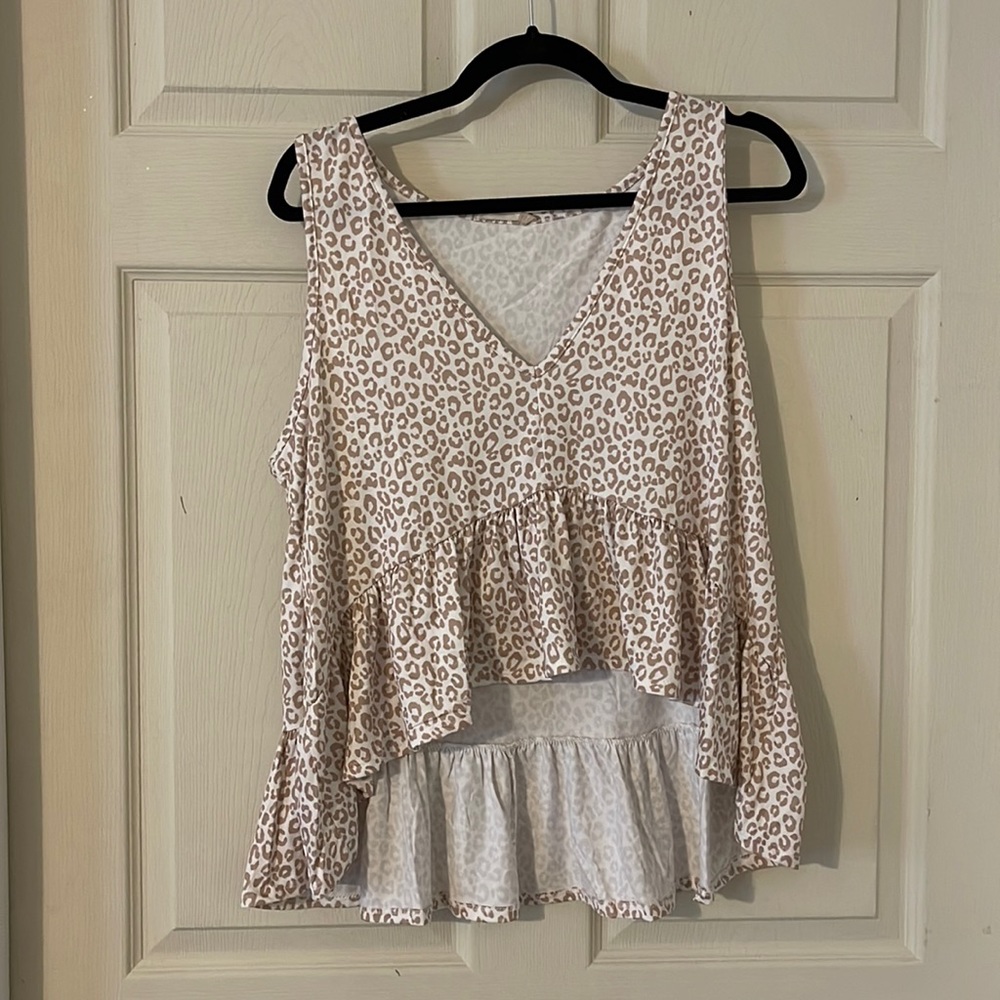 Altar'd State Beige and White Leopard Ruffle Tank Top